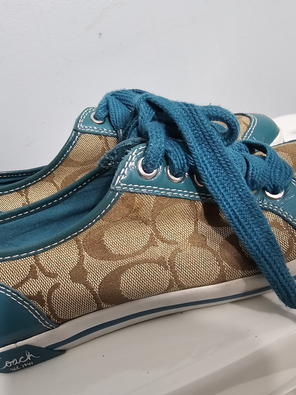 Coach Teal & Tan Signature Canvas Sneakers - Women's Casual Shoes - Picture 2 of 4
